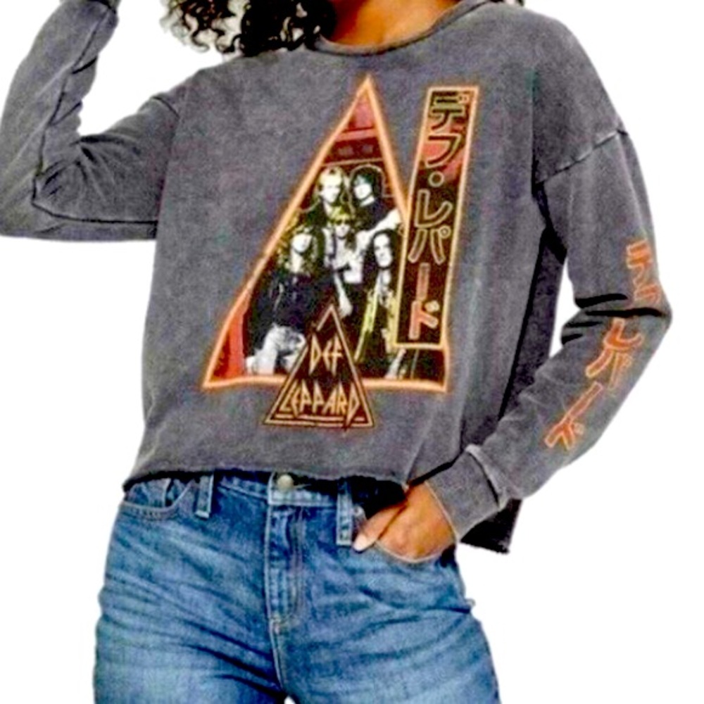 Junkfood Def Leopard Cropped Grey Sweatshirt